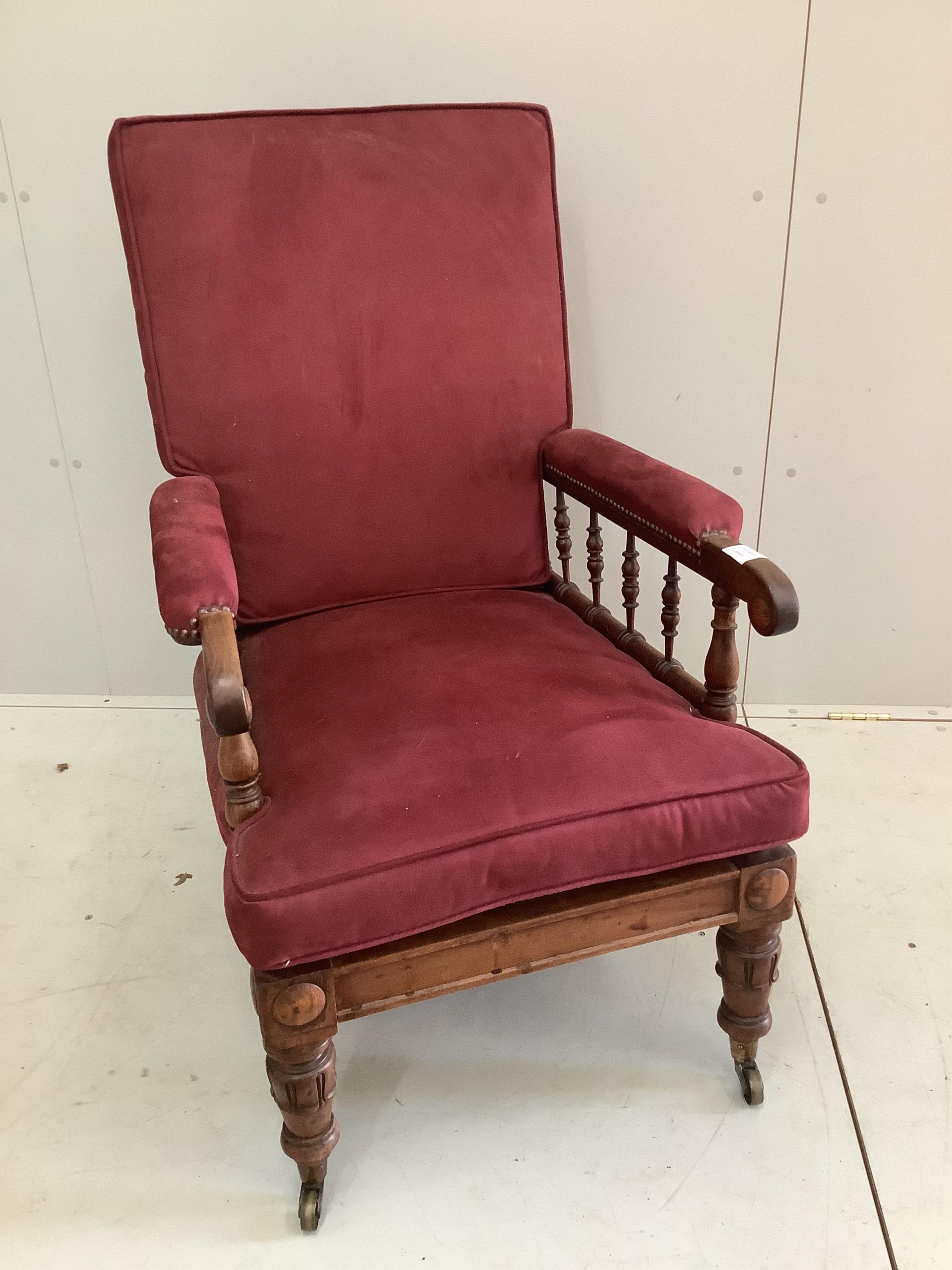 A William IV upholstered mahogany library chair, width 64cm, depth 72cm, height 104cm. Condition - good